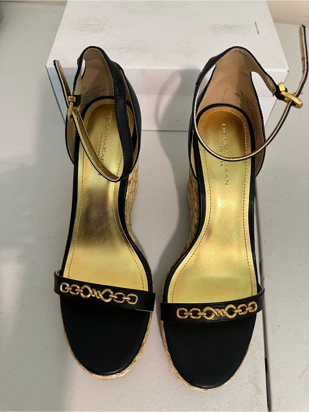 Donna Karan Black Wedge Sandals with Gold Accents